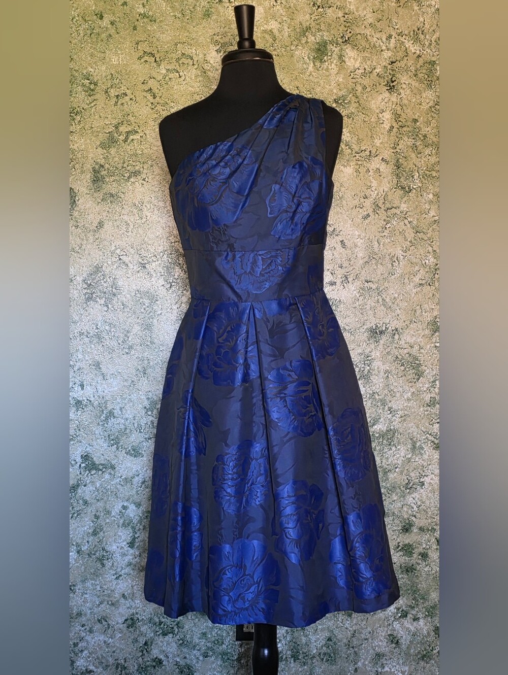ALFRED SUNG One-Shoulder Royal Blue Floral Jacquard Gown